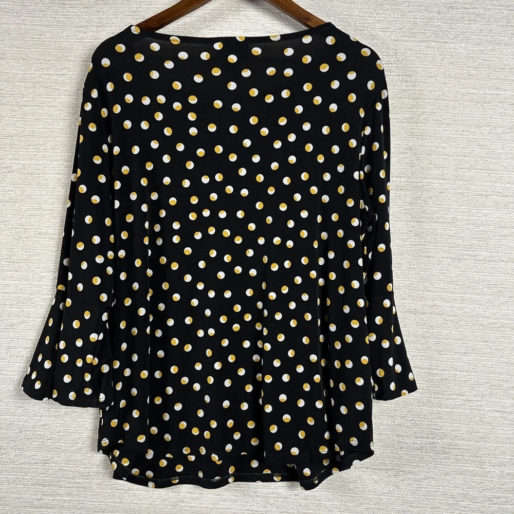 Carmen Marc Valvo 1X Polka Dot Blouse Bell Sleeve Top Black Gold Plus Size Work - Picture 5 of 11